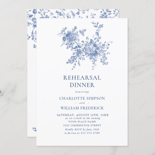 Elegant Blue French Garden Rehearsal Dinner Invitation