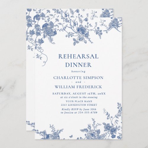 Elegant Blue French Garden Rehearsal Dinner Invitation