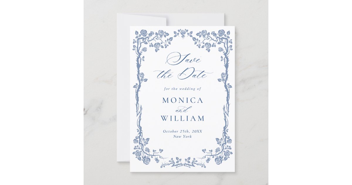 Elegant Blue French Garden Roses Wedding QR code Save The Date | Zazzle