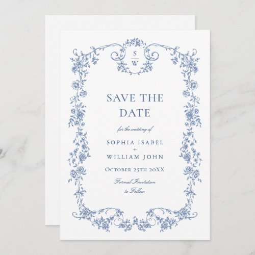Elegant Blue French Garden Toile Wedding Save The Date