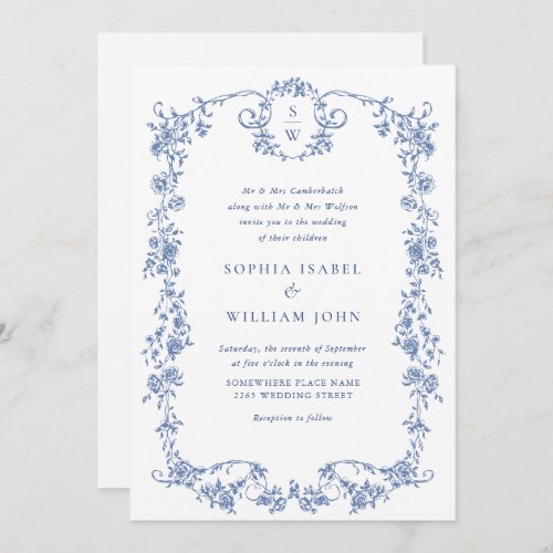 Elegant Blue French Garden Wedding All in One Invitation