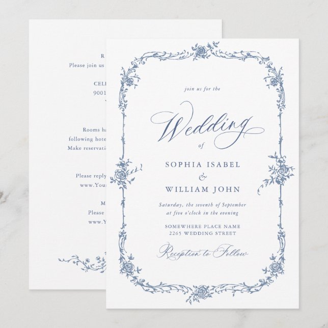 Elegant Blue French Garden Wedding All in One Invitation (Front/Back)