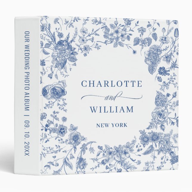 Elegant Blue French Garden Wedding photo album 3 Ring Binder (Front/Spine)