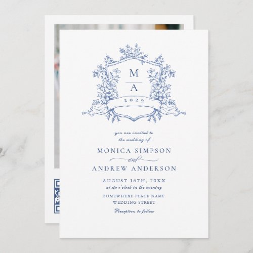 Elegant Blue French Garden Wedding Photo QR code Invitation
