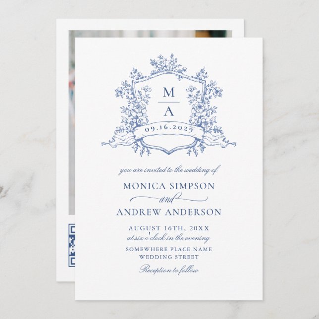 Elegant Blue French Garden Wedding Photo QR code Invitation (Front/Back)