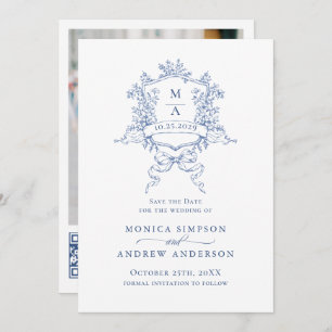 Elegant Blue French Garden Wedding Photo QR code Save The Date