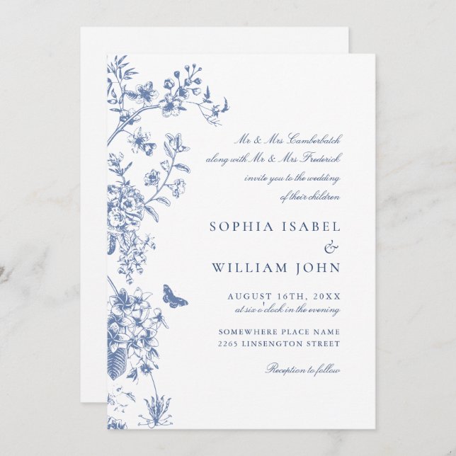 Elegant Blue French Garden Wedding QR code Invitation (Front/Back)