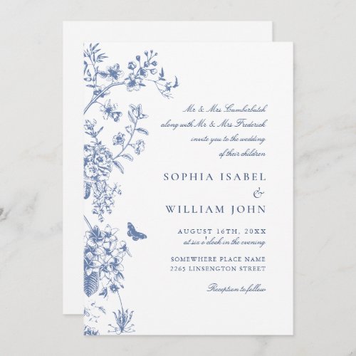 Elegant Blue French Garden Wedding QR code Invitation