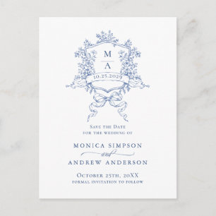 Elegant Blue French Garden Wedding Save the Date Postcard