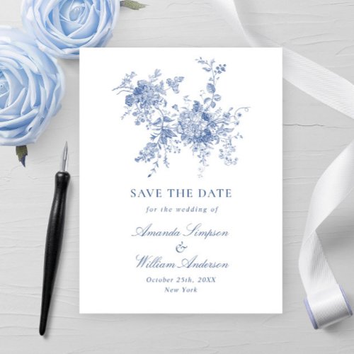 Elegant Blue French Garden Wedding Save the Date Postcard