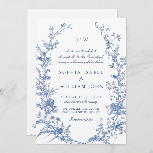 Elegant Blue French Garden Wedding Wreath QR code Invitation