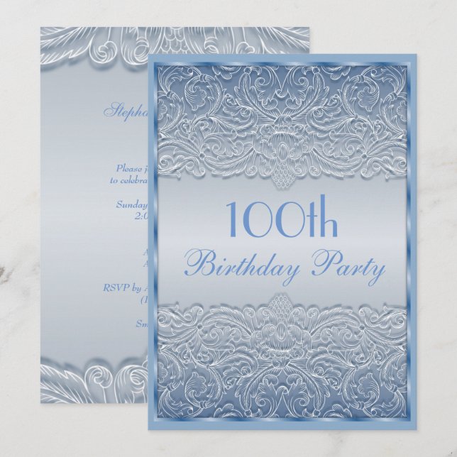 Elegant Blue French Lace 100th Birthday Invitation (Front/Back)
