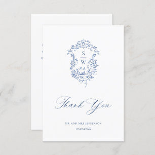 Elegant Blue French Roses Garden Floral Wedding Thank You Card