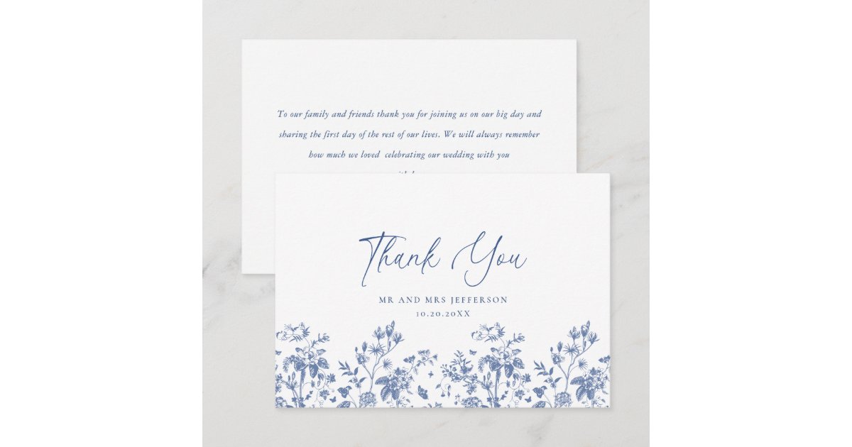 Elegant Blue French Roses Garden Floral Wedding Thank You Card | Zazzle