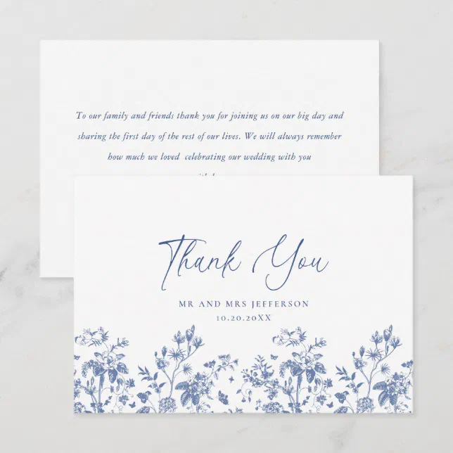 Elegant Blue French Roses Garden Floral Wedding Thank You Card | Zazzle