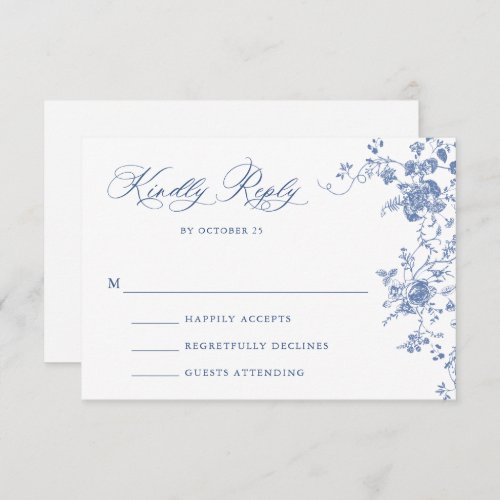 Elegant Blue French Roses Garden Toile Wedding RSVP Card