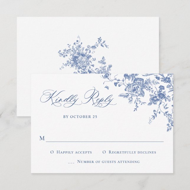 Elegant Blue French Roses Garden Toile Wedding RSVP Card (Front/Back)
