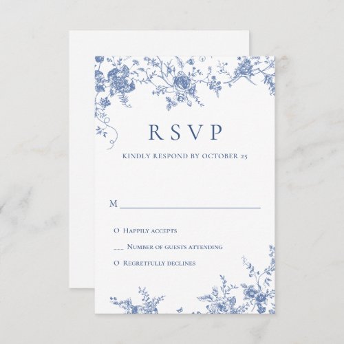 Elegant Blue French Roses Garden Toile Wedding RSVP Card
