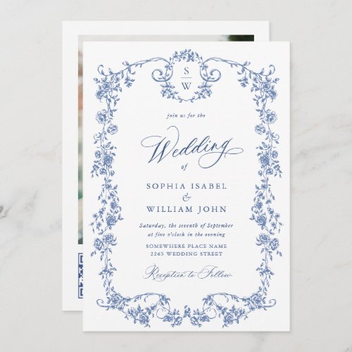 Elegant Blue French Roses Garden Wedding QR code Invitation