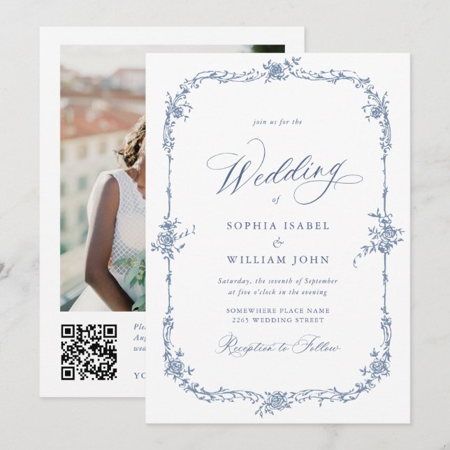 Elegant Blue French Roses Garden Wedding QR code Invitation (Front/Back)