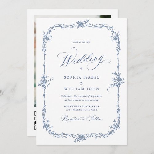 Elegant Blue French Roses Garden Wedding QR code Invitation