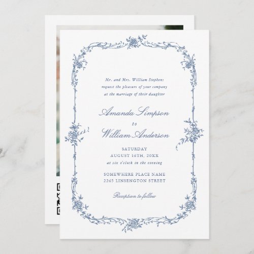 Elegant Blue French Roses Garden Wedding QR code Invitation