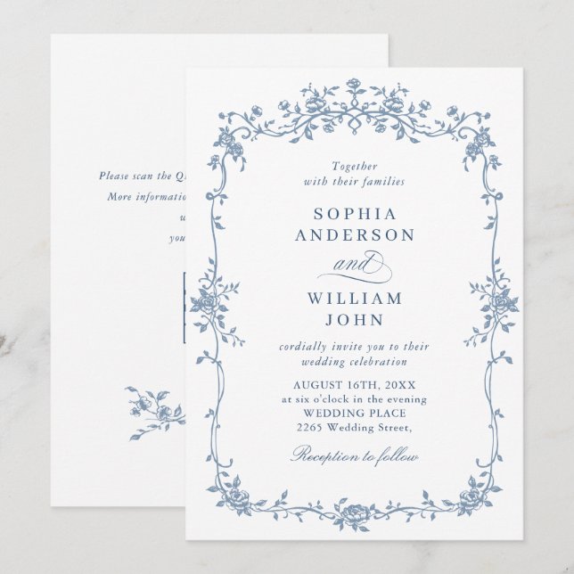 Elegant Blue French Roses Garden Wedding QR code Invitation (Front/Back)