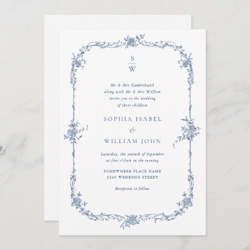 Elegant Blue French Roses Garden Wedding QR code Invitation