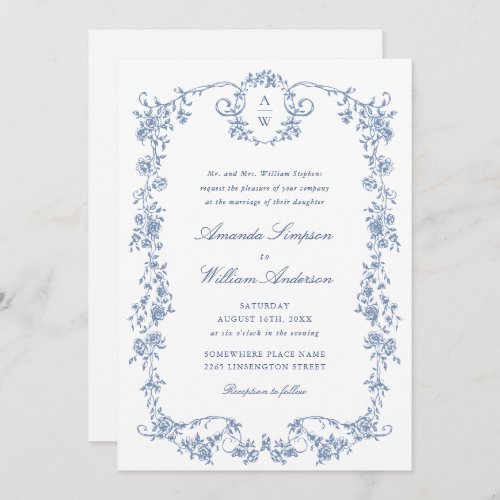 Elegant Blue French Roses Garden Wedding QR code Invitation
