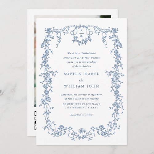 Elegant Blue French Roses Garden Wedding QR code Invitation