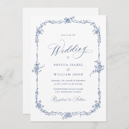 Elegant Blue French Roses Garden Wedding QR code Invitation