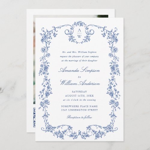 Elegant Blue French Roses Garden Wedding QR code Invitation