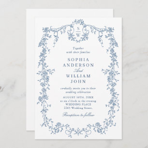 Elegant Blue French Roses Garden Wedding QR code Invitation
