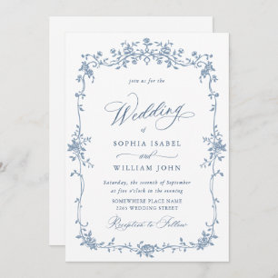 Elegant Blue French Roses Garden Wedding QR code Invitation
