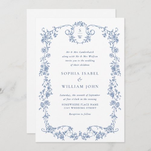 Elegant Blue French Roses Garden Wedding QR code Invitation