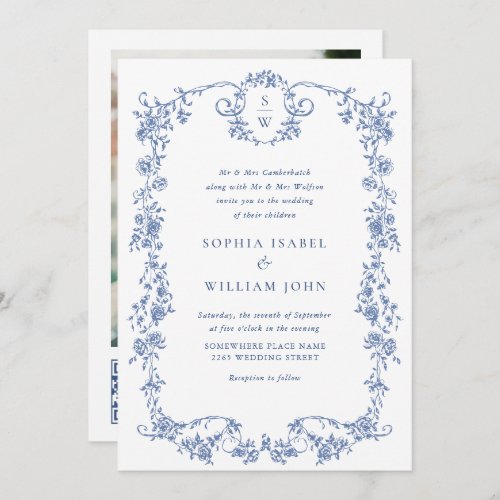 Elegant Blue French Roses Garden Wedding QR code Invitation