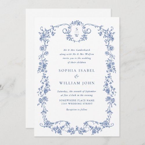 Elegant Blue French Roses Garden Wedding QR code Invitation