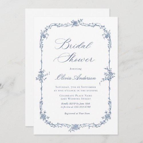 Elegant Blue French Roses Toile Bridal Shower Invitation