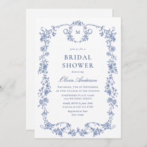 Elegant Blue French Roses Toile Bridal Shower Invitation