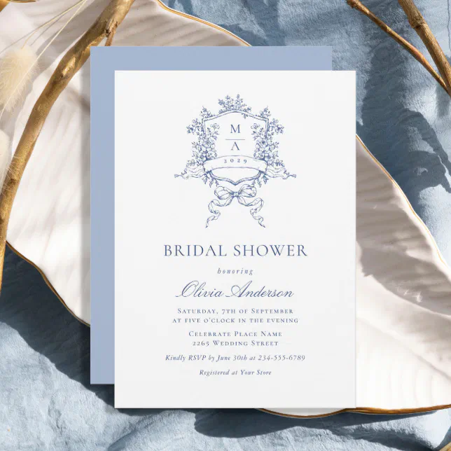 Elegant Blue French Roses Toile Bridal Shower Invitation | Zazzle