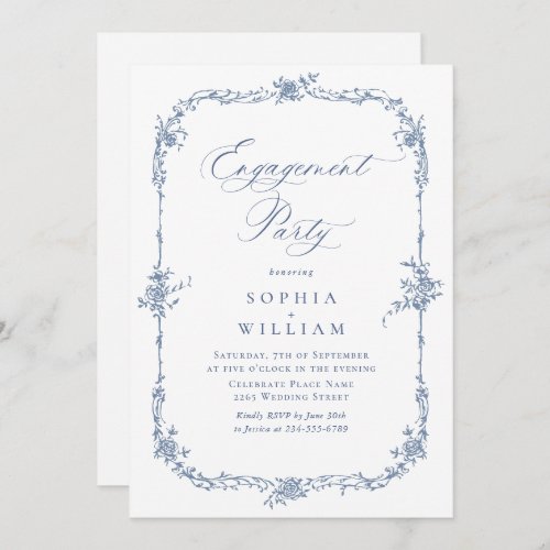 Elegant Blue French Roses Toile ENGAGEMENT PARTY Invitation