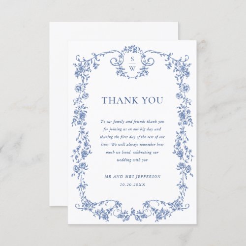 Elegant Blue French Roses Toile QR code Wedding Thank You Card