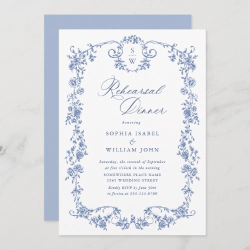 Elegant Blue French Roses Toile Rehearsal Dinner Invitation