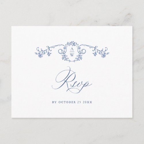 Elegant Blue French Roses Toile Wedding RSVP Postcard