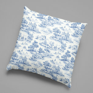 Elegant Blue French Toile de Jouy Design Vintage Throw Pillow