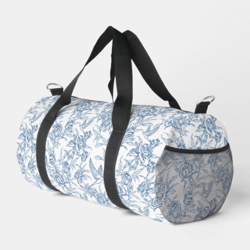 Elegant Blue French Toile de Jouy Floral Pattern Duffle Bag