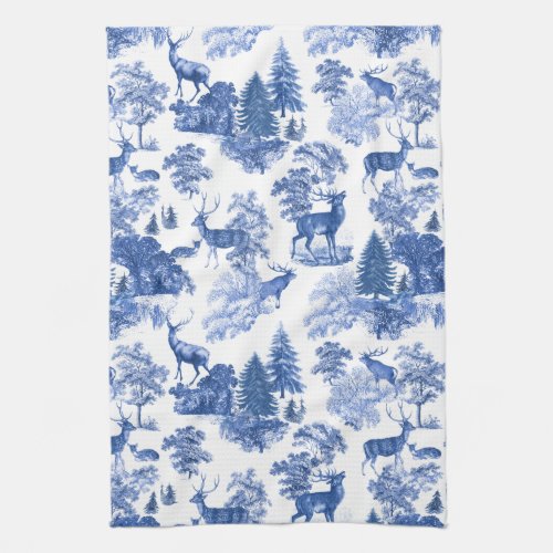 Elegant Blue French Toile Deer in Woodland  Kitchen Towel