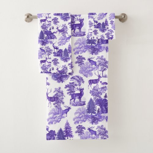 Elegant Blue French Toile Deer Woodland Bath Towel Set