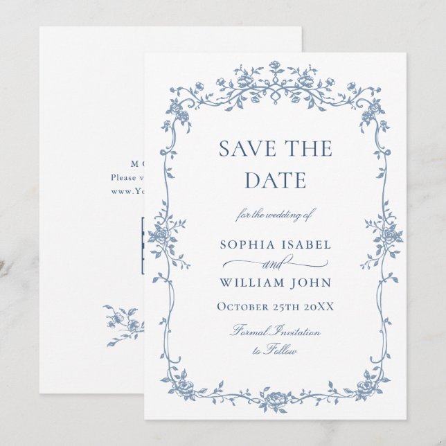 Elegant Blue French Toile Floral Wedding QR code Save The Date (Front/Back)