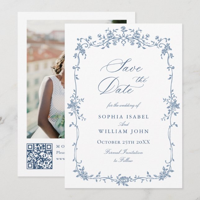 Elegant Blue French Toile Floral Wedding QR code Save The Date (Front/Back)